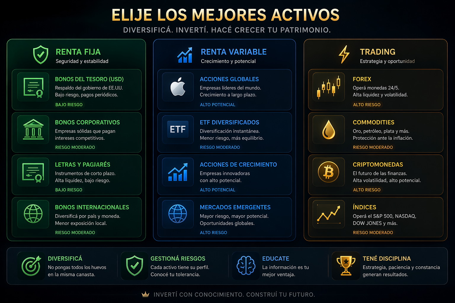 Guía de activos: renta fija, renta variable y trading — diversificá, invertí, hacé crecer tu patrimonio