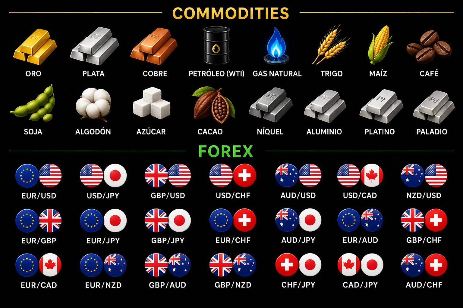 Commodities y pares de Forex más operados